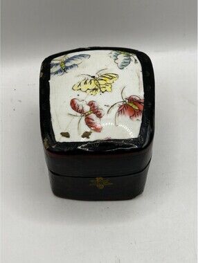 Vintage Chinese Lacquer Shard Box Hand Painted Porcelain Butterfly Trinket Case